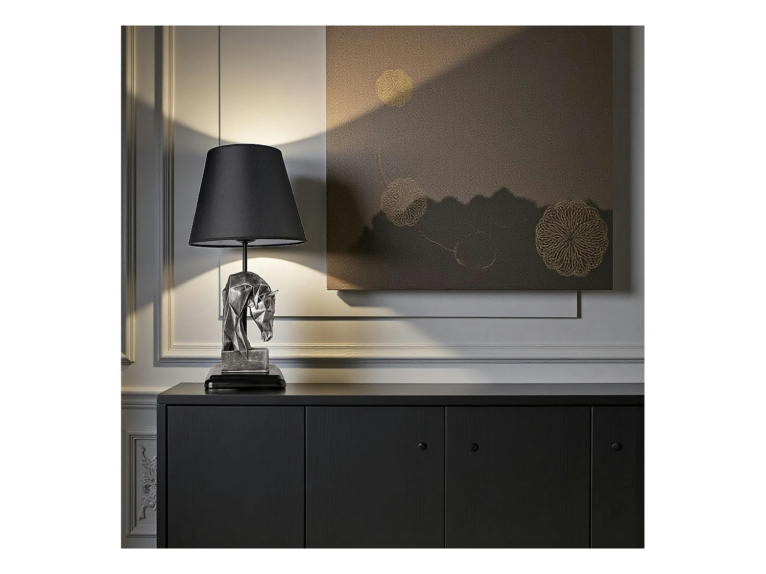Lampe de salon décorative noire, tête de cheval argentée SILE