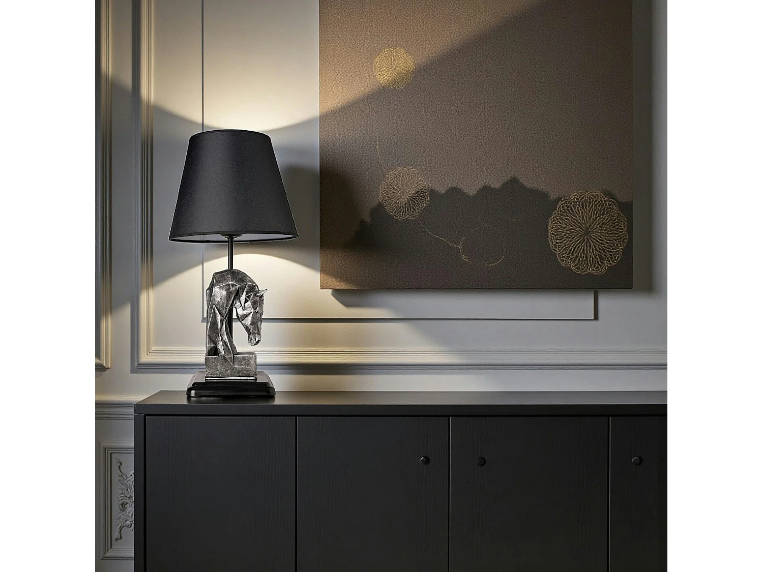 Lampe de salon décorative noire, tête de cheval argentée SILE