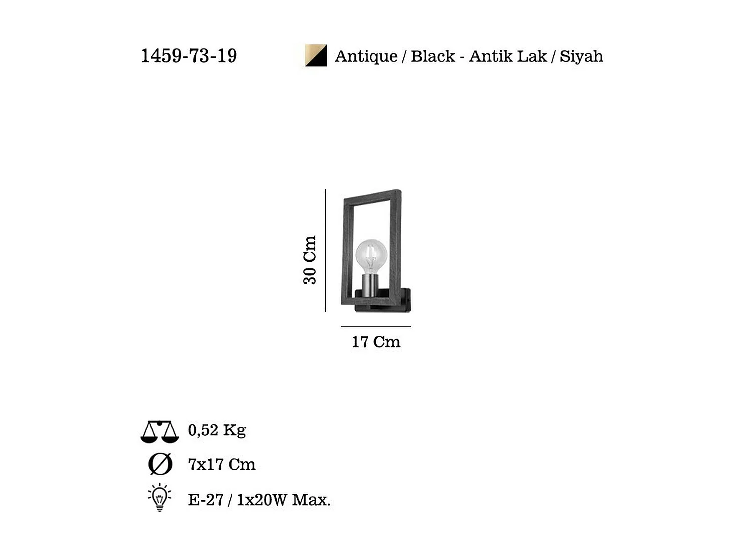 Applique murale rustique, douille dorée & cadre bois JENA