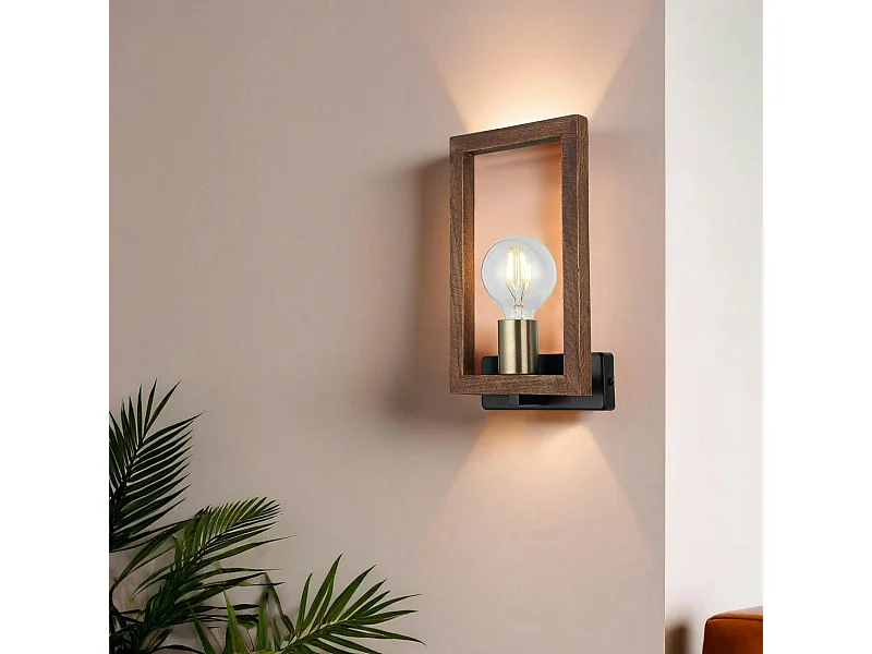 Applique murale rustique, douille dorée & cadre bois JENA