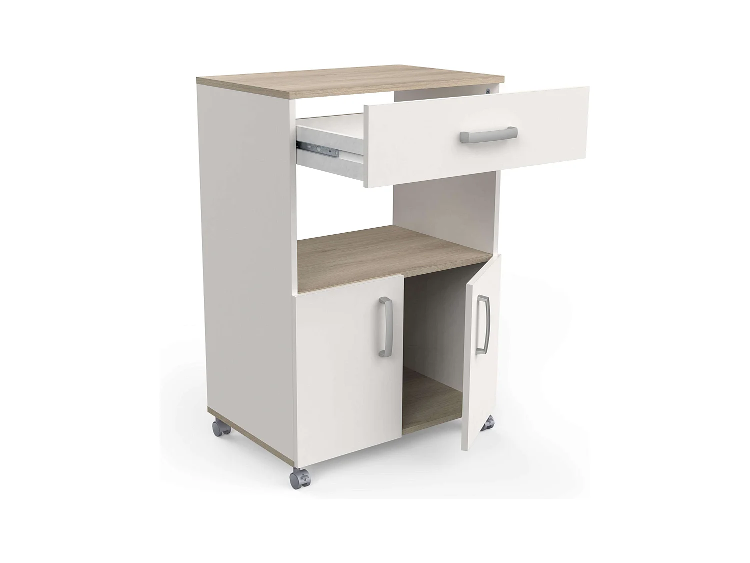 Buffet de cuisine à roulettes avec 2 portes en chêne Kronberg blanc mat, 88 x 60 x 41 cm