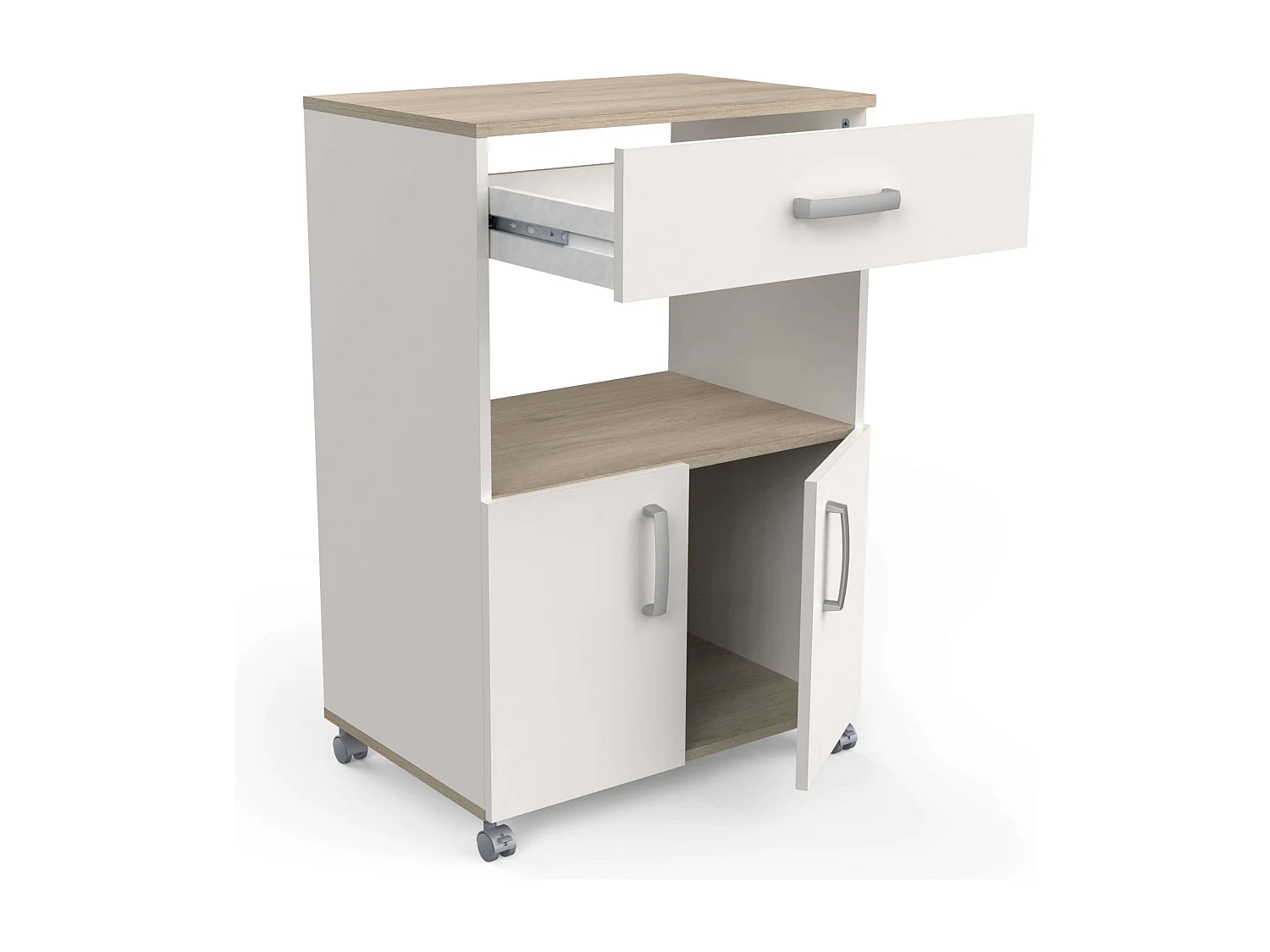 Mueble Auxiliar Cocina Ruedas 2 puertas Blanco Mate Roble Kronberg 88x60x41 cm