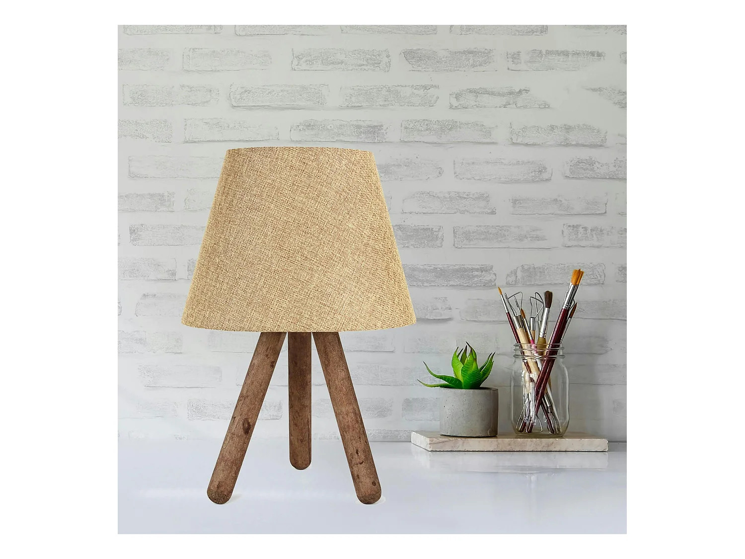 Lampe de chevet trépied moderne, abat-jour beige KILIS