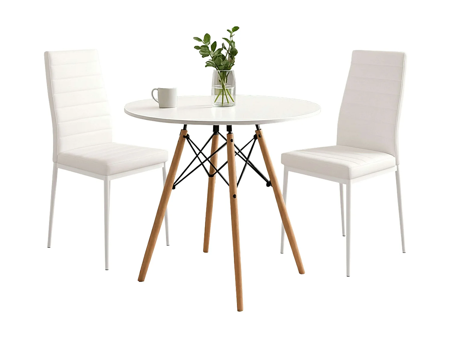 Pack cocina mesa redonda + 2 sillas blanco patas madera clara y gris