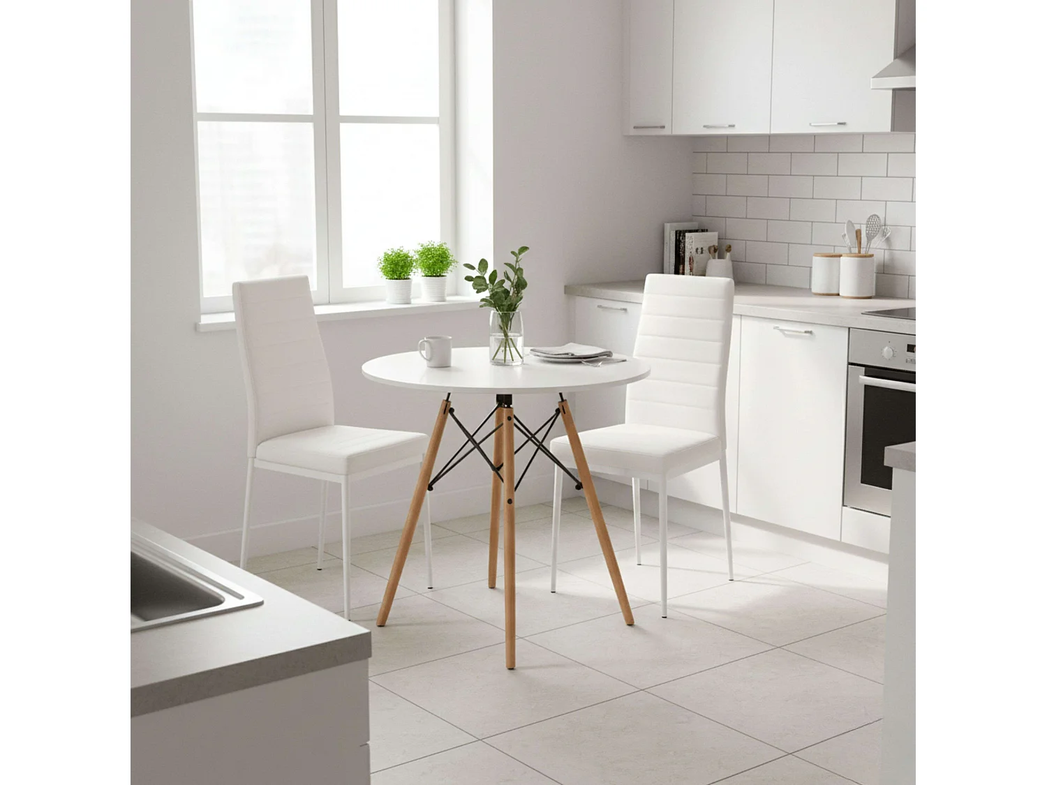 Pack cocina mesa redonda + 2 sillas blanco patas madera clara y gris