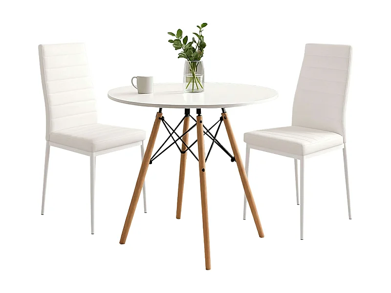 Pack cocina mesa redonda + 2 sillas blanco patas madera clara y gris