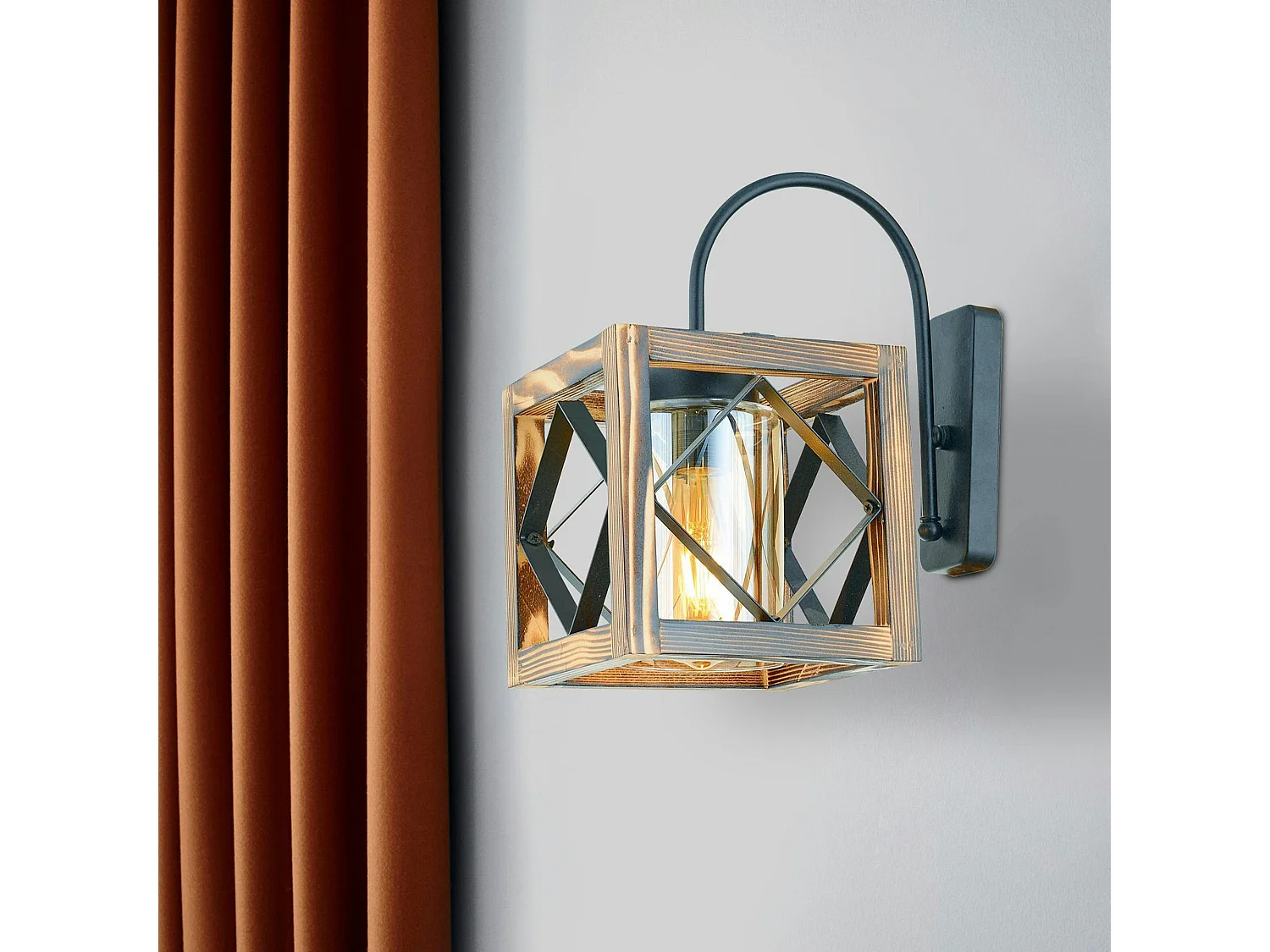 Applique murale rustique, cube bois et métal CAMOGLI