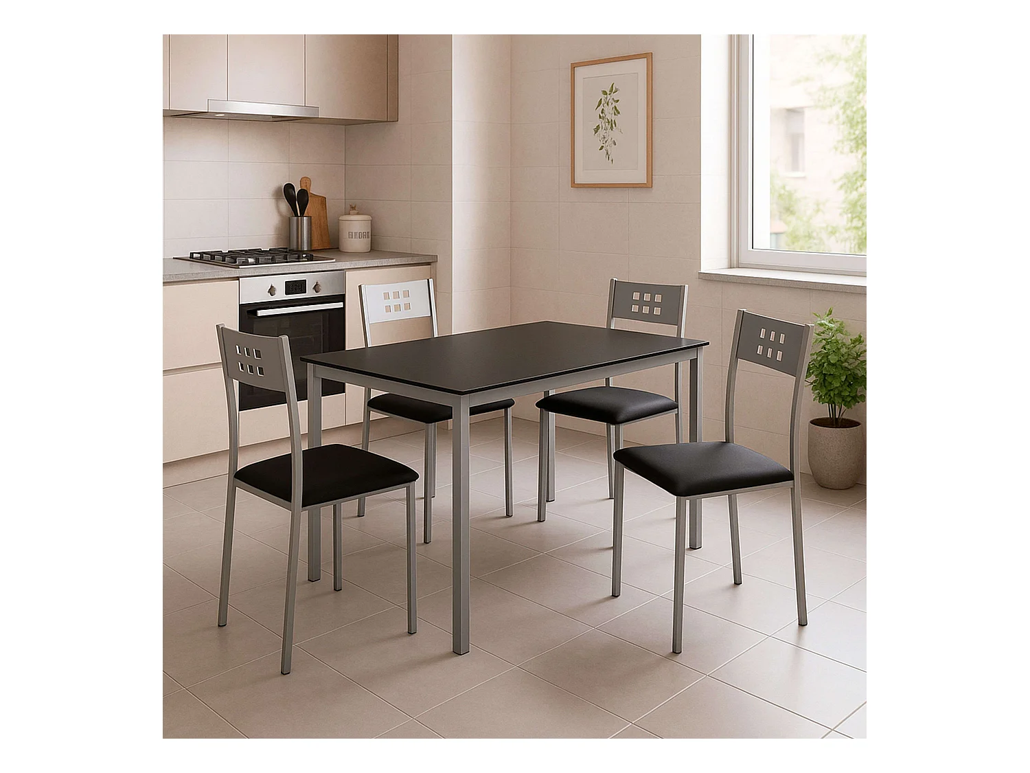 Pack mesa y 4 sillas cocina, negro, mesa metal/cristal, silla polipiel.