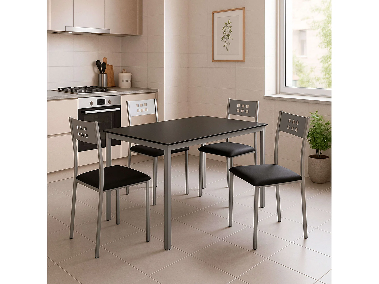 Pack mesa y 4 sillas cocina, negro, mesa metal/cristal, silla polipiel.
