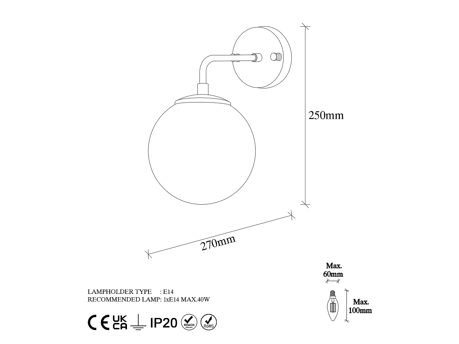 Applique murale vintage, structure dorée globe verre SIERRE
