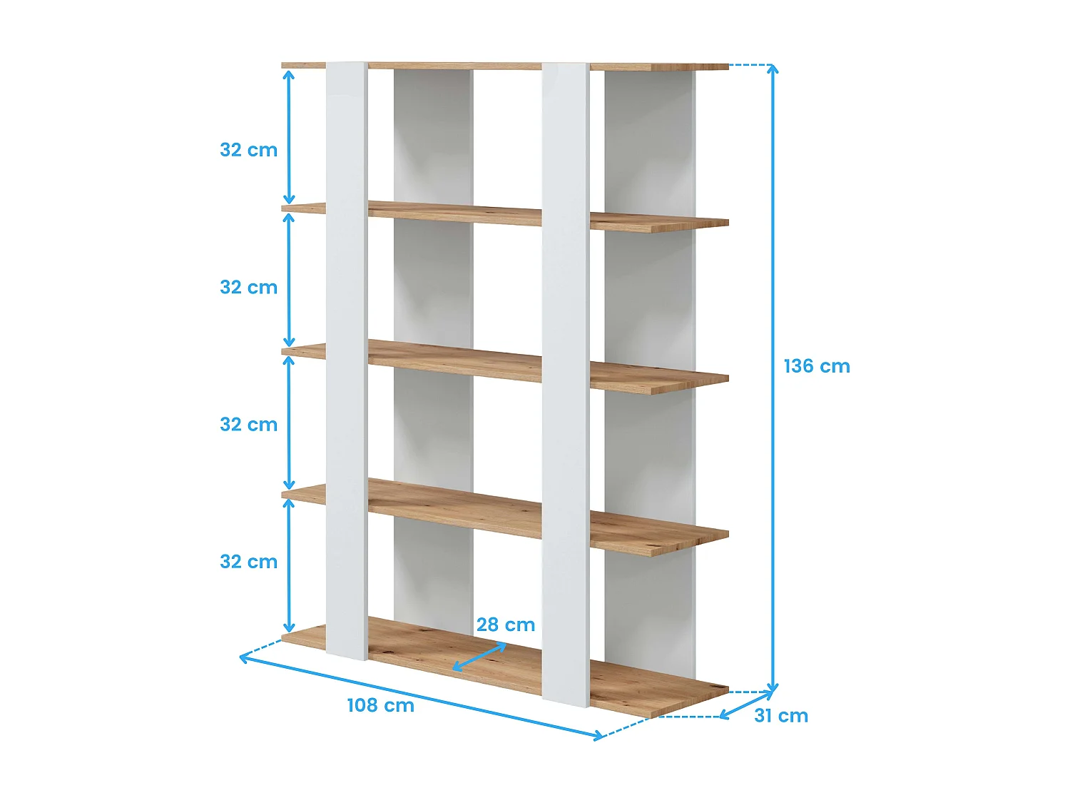 EstanterÃ­a de diseÃ±o nÃ³rdico DEIA tablero de partÃ­culas melaminizado color blanco artik y roble nodi 108x31x136 cm
