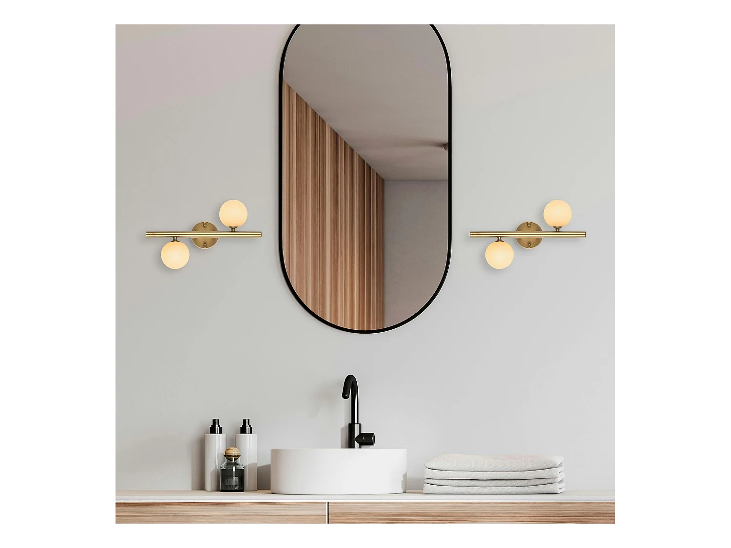 Applique murale art déco dorée, 2 globes blancs L 40 cm SIERRE