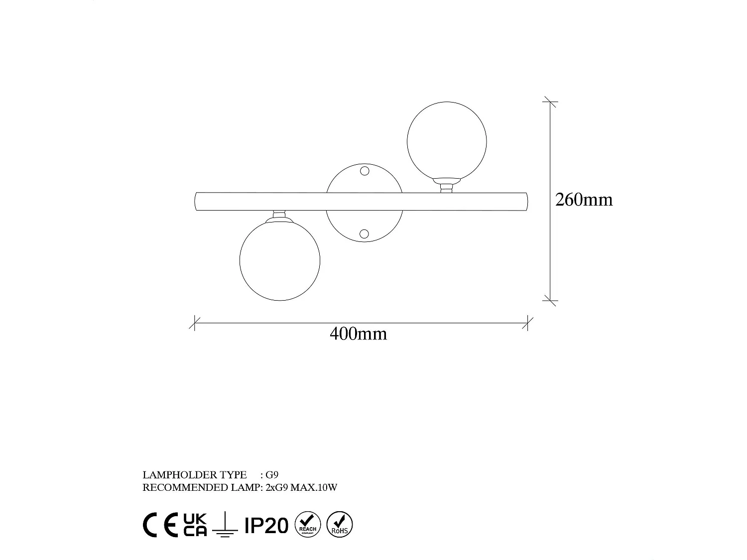 Applique murale art déco dorée, 2 globes blancs L 40 cm SIERRE