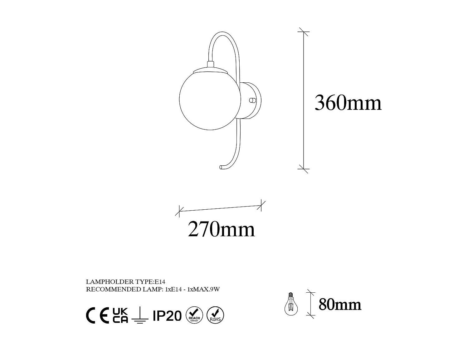 Applique murale moderne dorée, globe verre tige courbe SIERRE