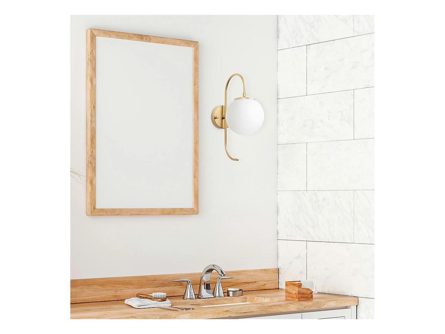 Applique murale moderne dorée, globe blanc tige courbe SIERRE