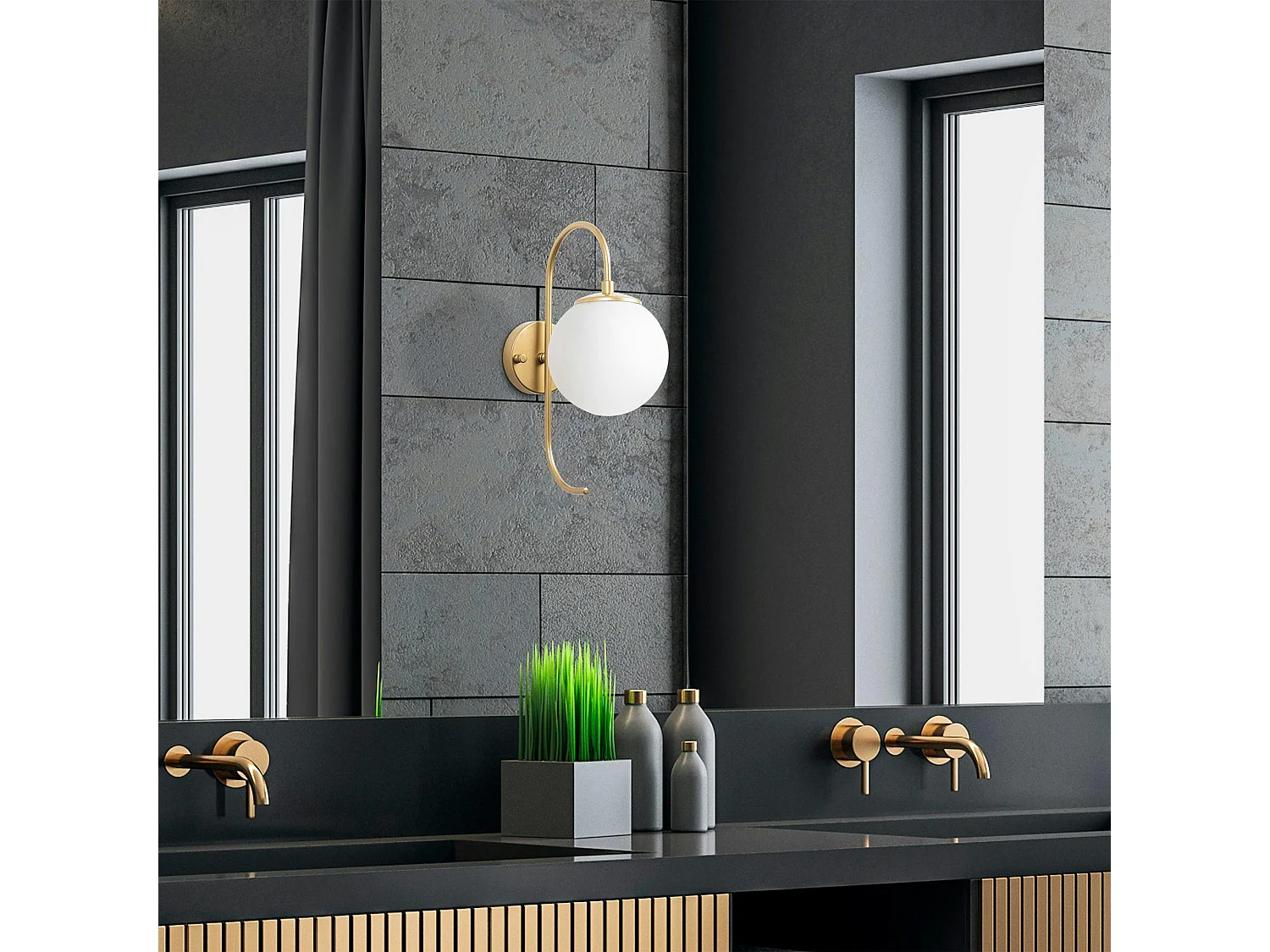 Applique murale moderne dorée, globe blanc tige courbe SIERRE