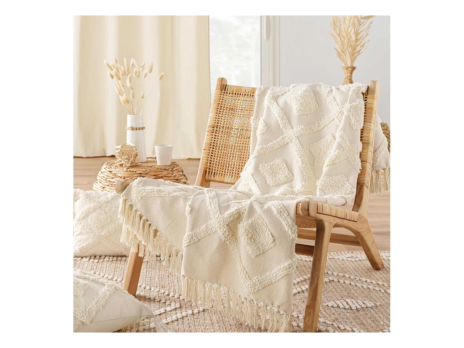 Plaid à Franges Tufté "Inca" 125x150cm Beige