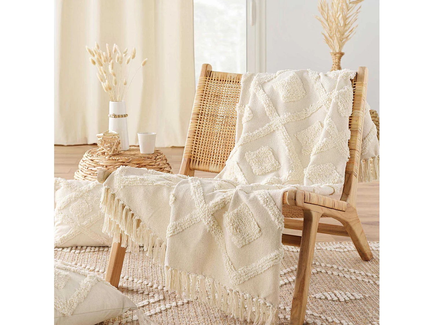 Plaid à Franges Tufté "Inca" 125x150cm Beige