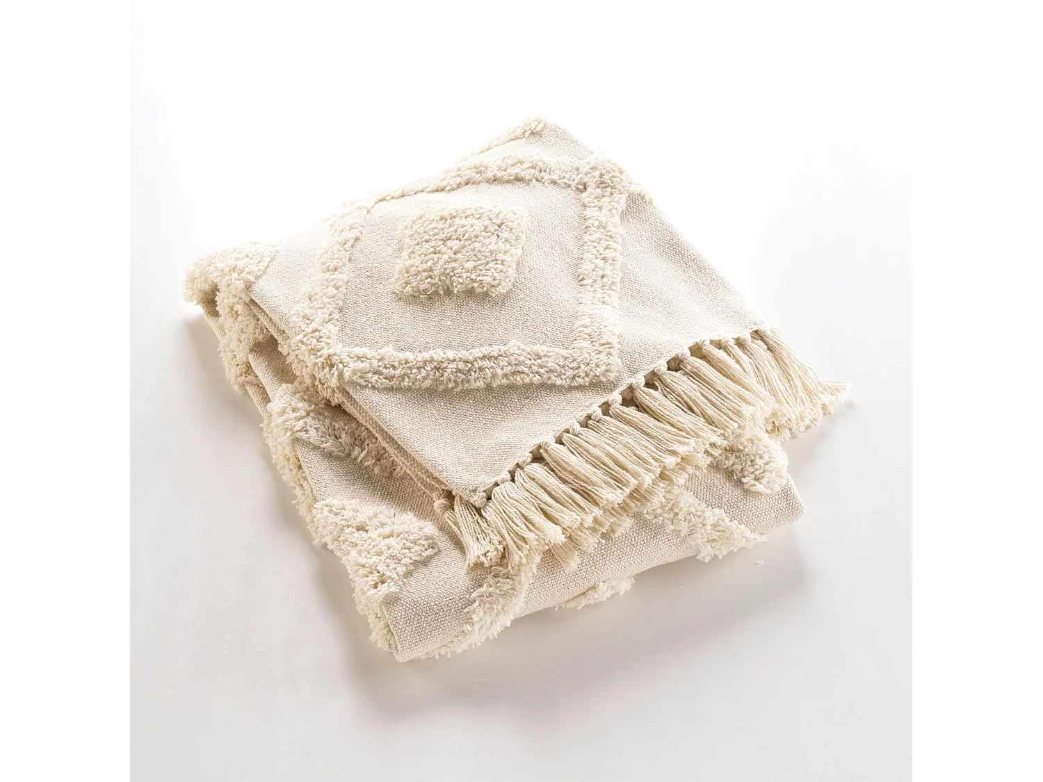 Plaid à Franges Tufté "Inca" 125x150cm Beige