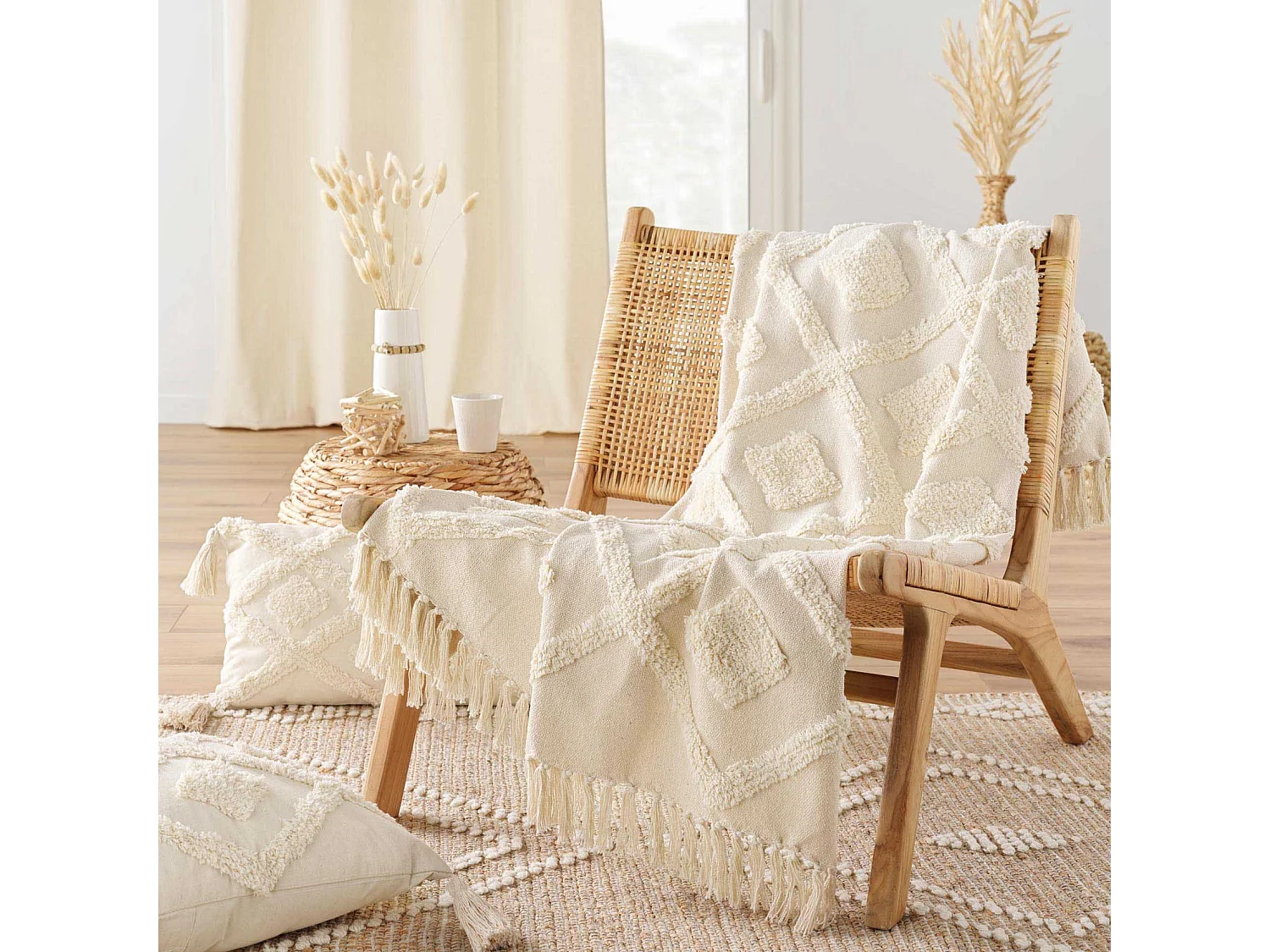 Plaid à Franges Tufté "Inca" 125x150cm Beige