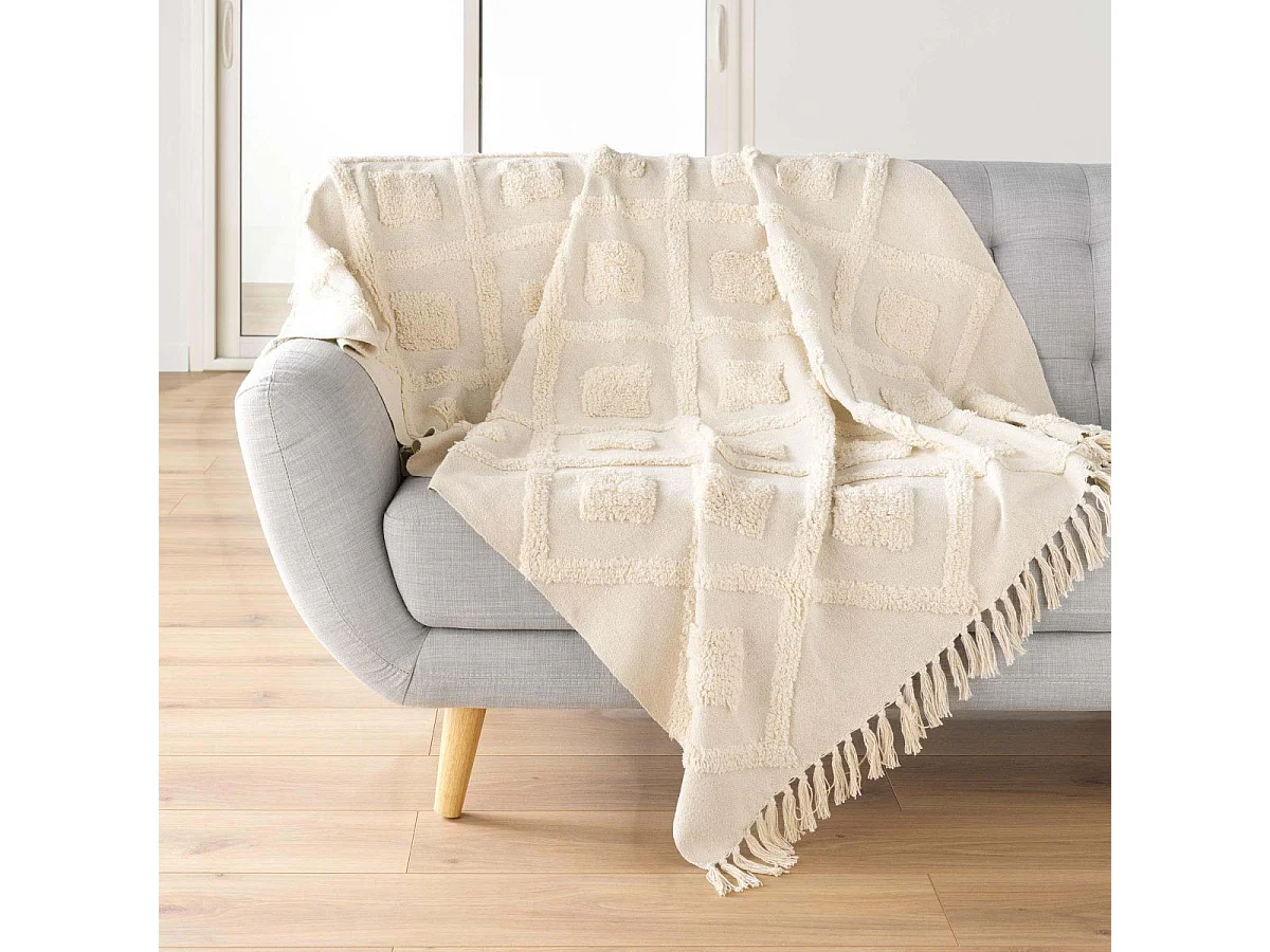 Plaid Tufté con Frange Inca 125x150cm Beige Morbidezza e Comfort Assoluto