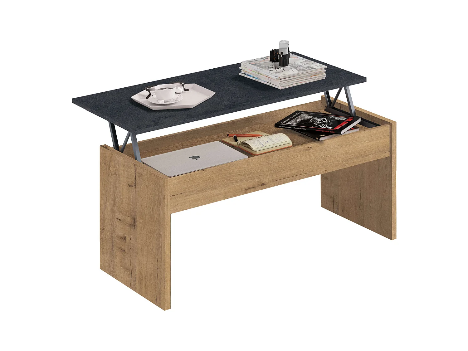 Mesa Centro Elevable Roble Mármol Salón Comedor Moderno 47-58x100x50cm