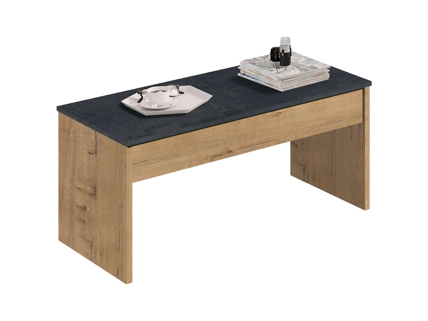 Mesa Centro Elevable Roble Mármol Salón Comedor Moderno 47-58x100x50cm