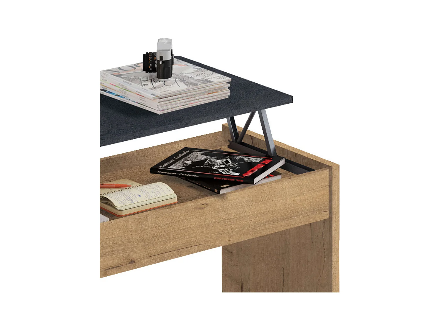 Mesa Centro Elevable Roble Mármol Salón Comedor Moderno 47-58x100x50cm