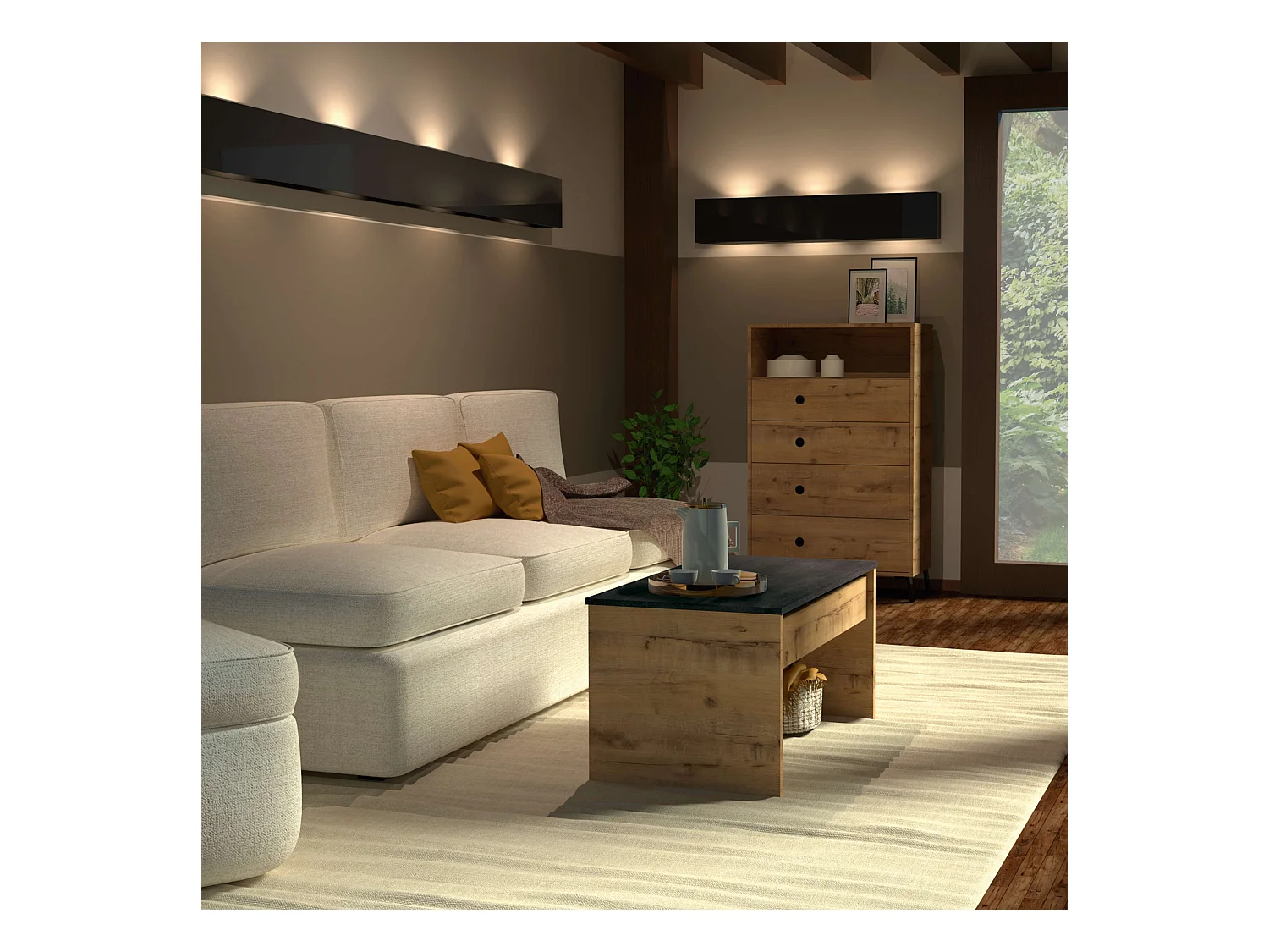 Mesa Centro Elevable Roble Mármol Salón Comedor Moderno 47-58x100x50cm