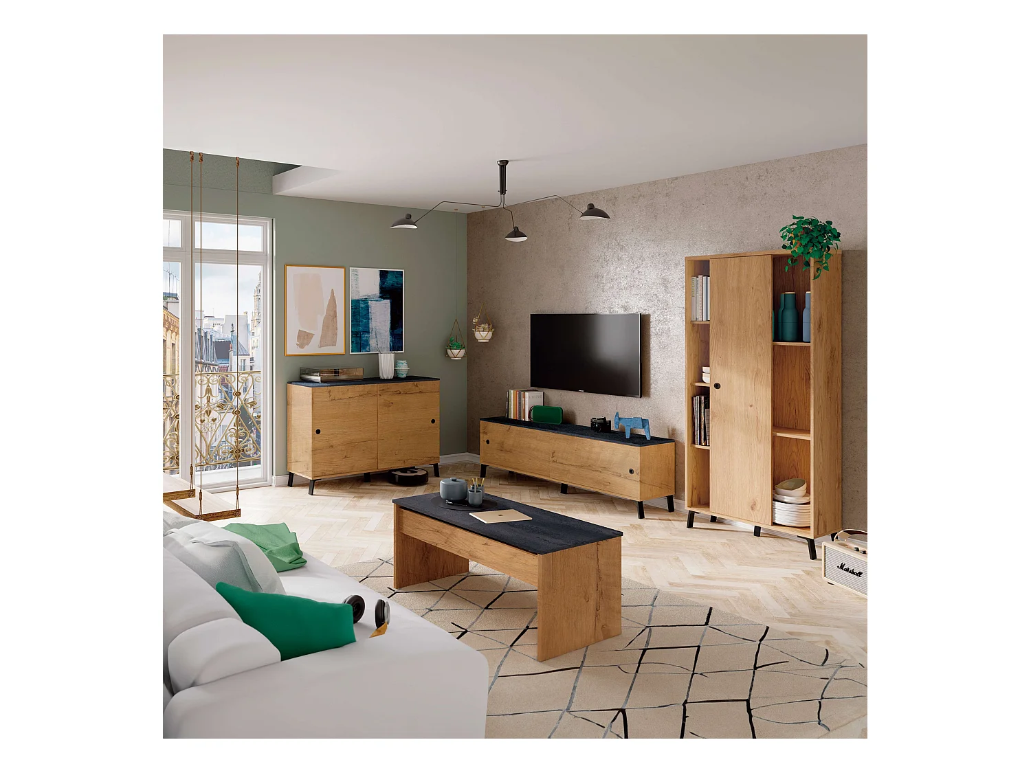 Mesa Centro Elevable Roble Mármol Salón Comedor Moderno 47-58x100x50cm