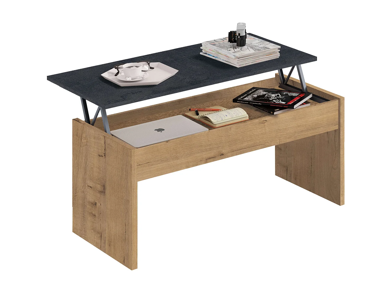 Mesa Centro Elevable Roble Mármol Salón Comedor Moderno 47-58x100x50cm