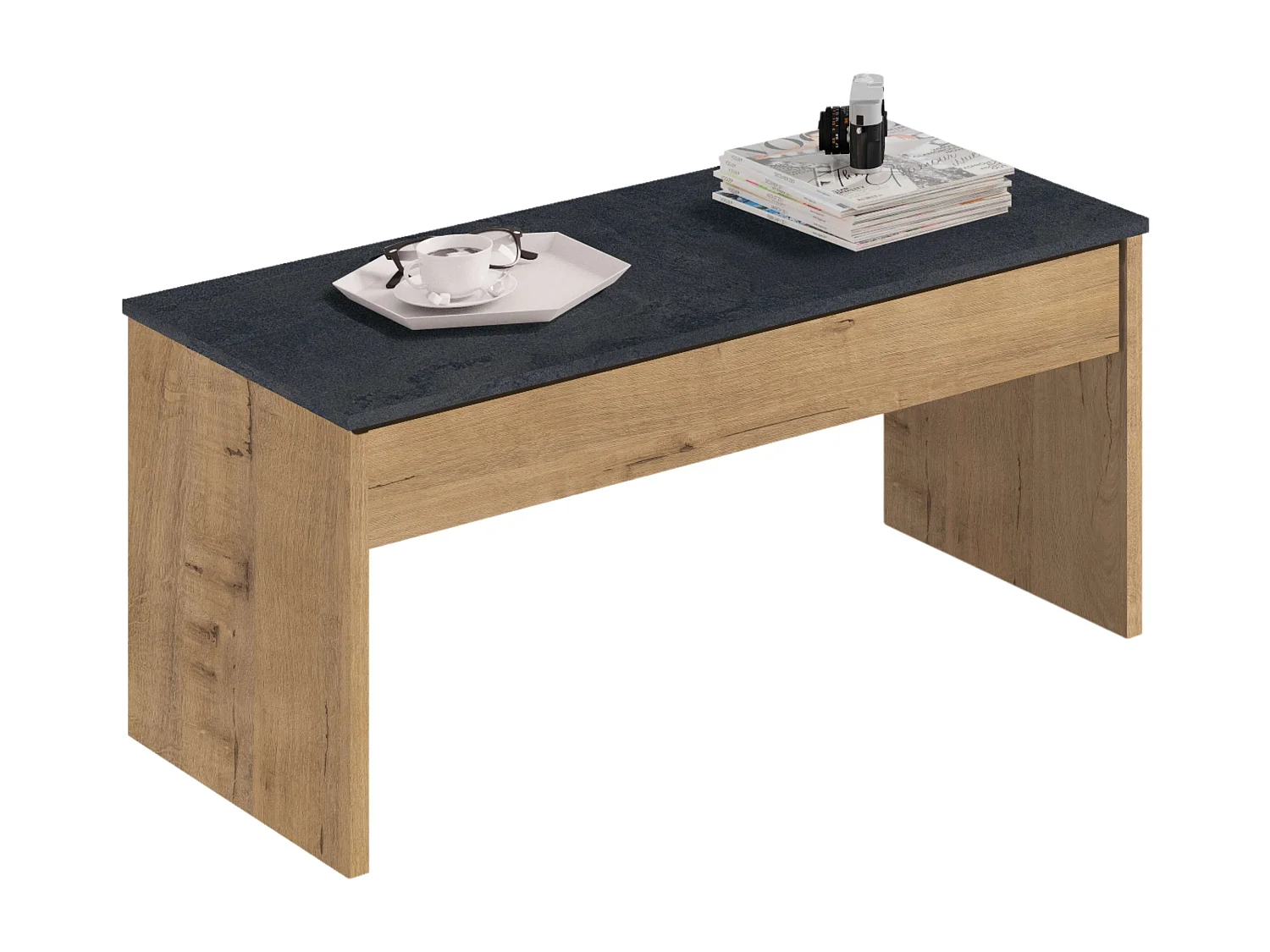 Mesa Centro Elevable Roble Mármol Salón Comedor Moderno 47-58x100x50cm