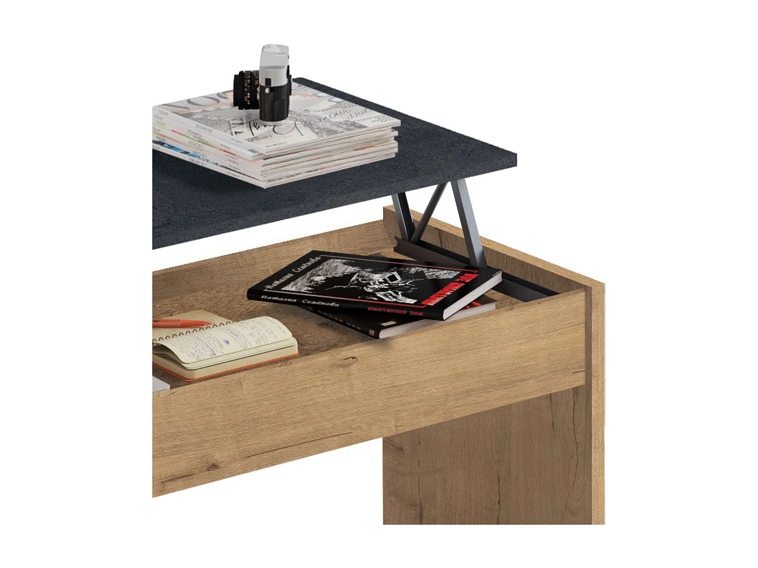 Mesa Centro Elevable Roble Mármol Salón Comedor Moderno 47-58x100x50cm