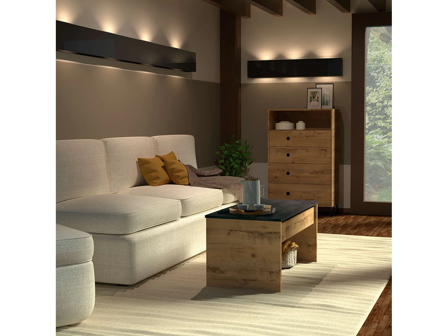 Mesa Centro Elevable Roble Mármol Salón Comedor Moderno 47-58x100x50cm