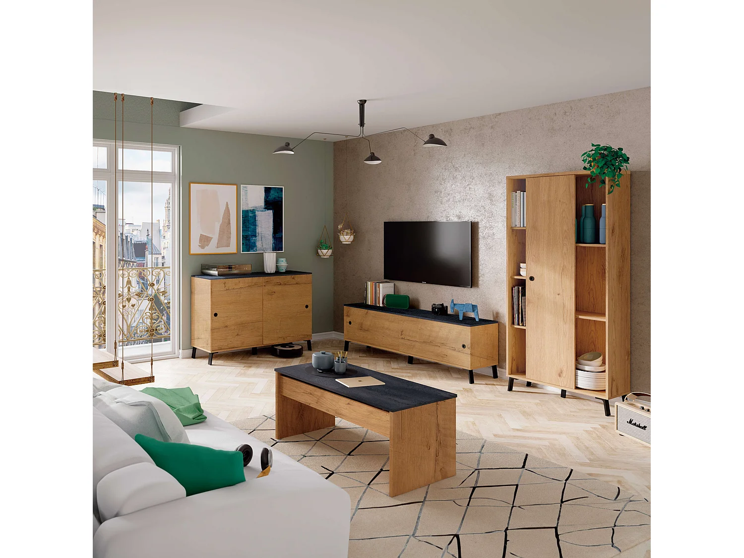 Mesa Centro Elevable Roble Mármol Salón Comedor Moderno 47-58x100x50cm