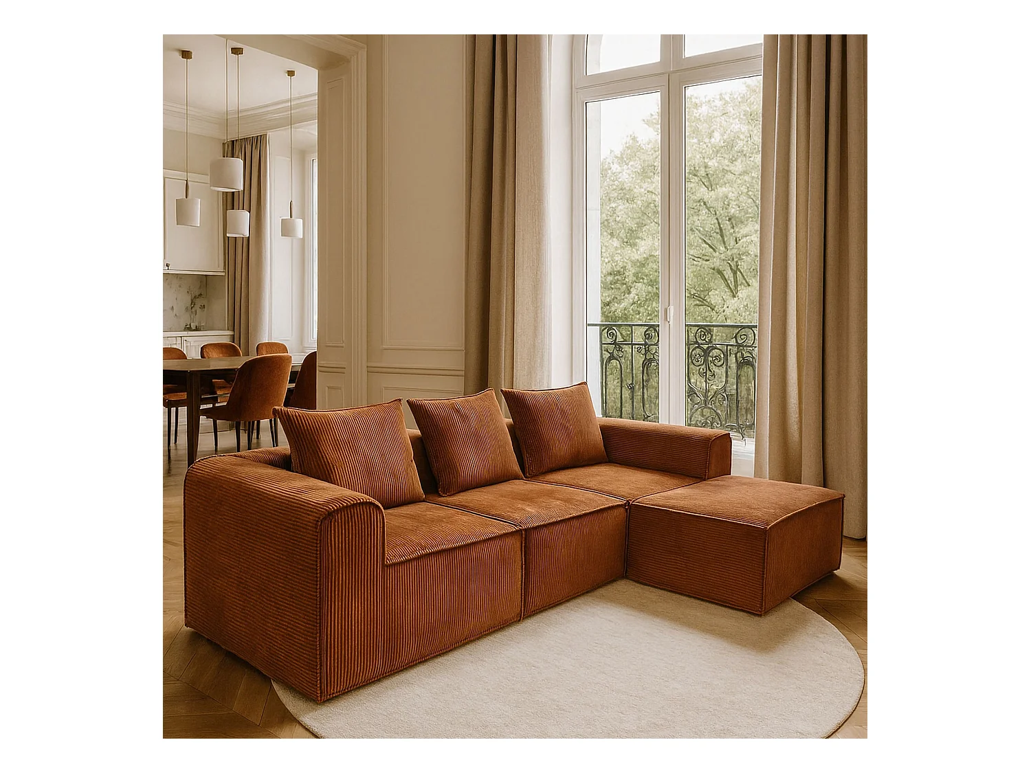 Now's Home - Canape D'angle Compresse Velours Cotele Curcuma 270x170x58cm Cocoon