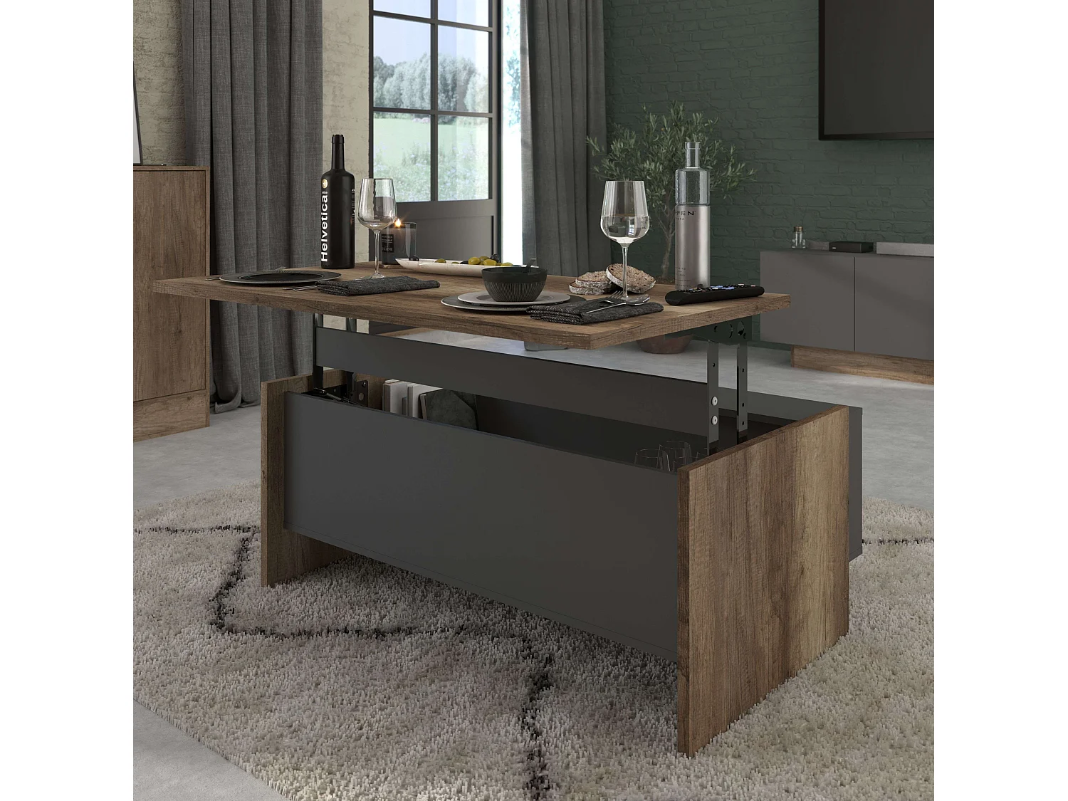 Mesa de centro elevatória Opec com 2 prateleiras, cinza/carvalho, 47x110x65 cm, sala de estar