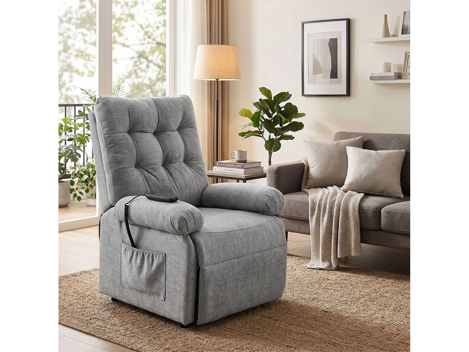 Sillón Reclinable Seren Gris con Mando Función Levantapersonas 90x107x84 cm
