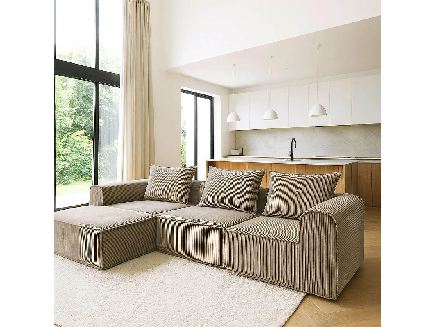 Canapé d'angle compressé 5 places en velours cotele beige NOW 270x170x58 cm