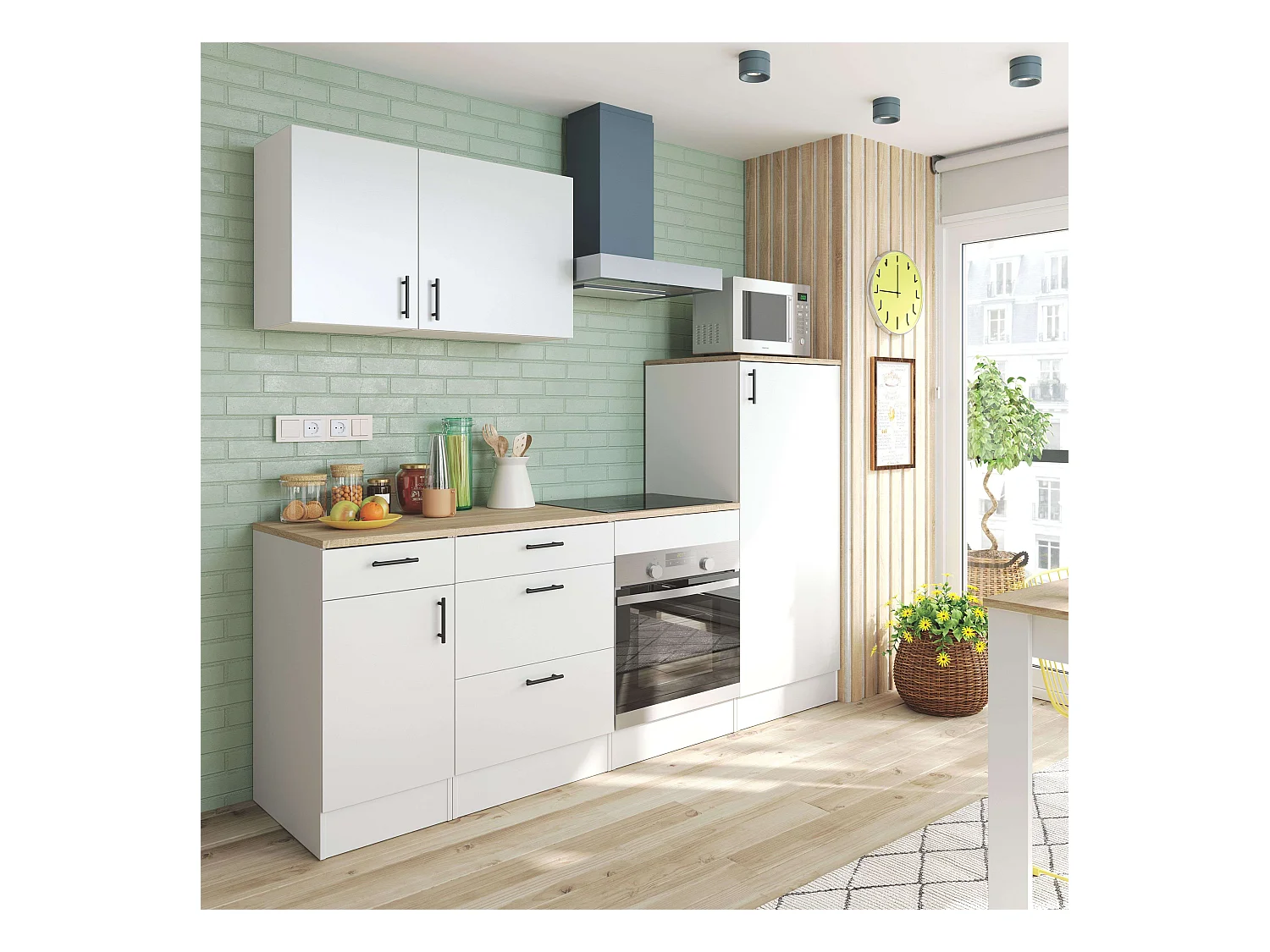 Pack Muebles Cocina Kira Mod Blanco Brillo Roble Canadian 6 Módulos