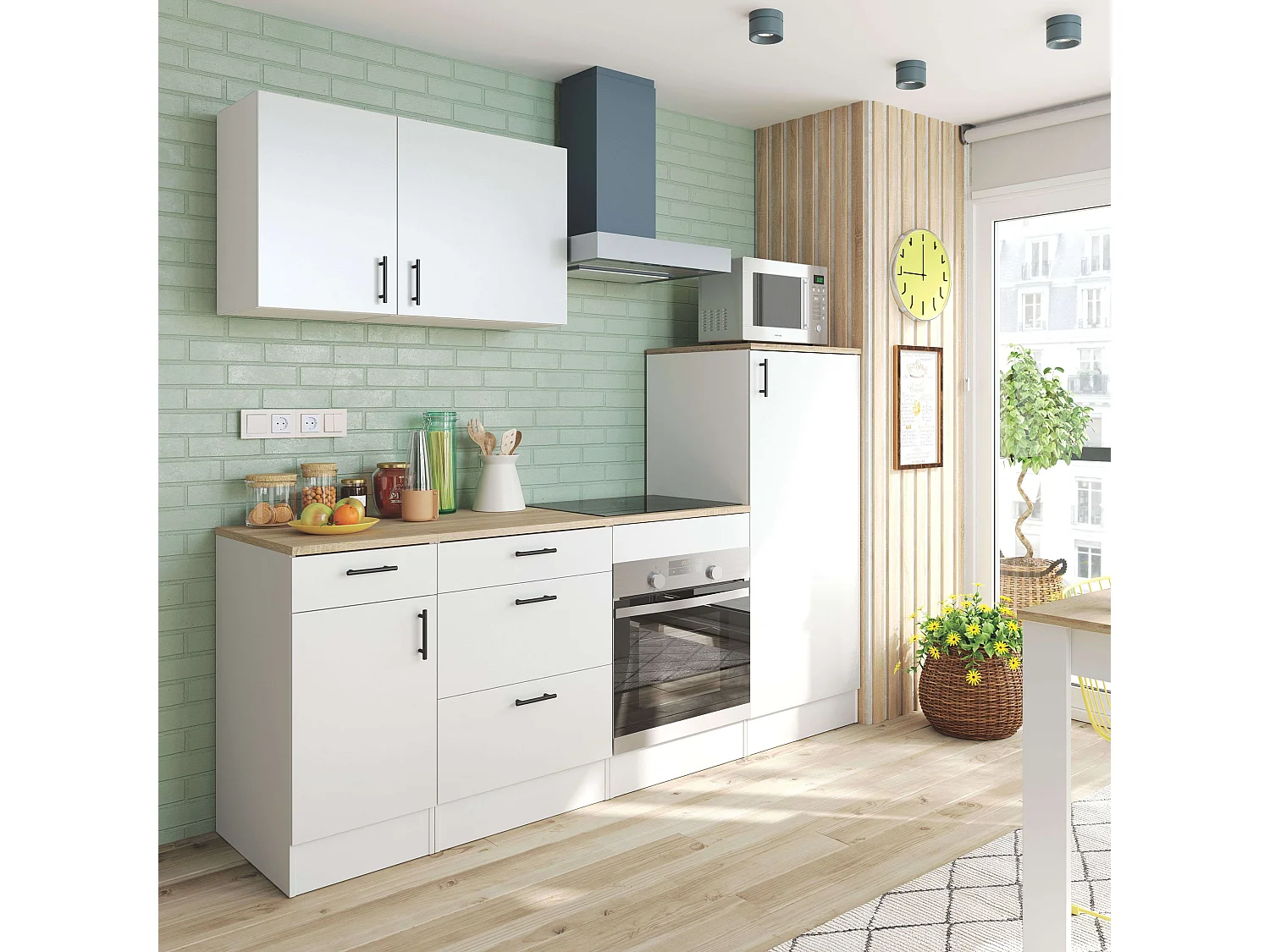 Pack Muebles Cocina Kira Mod Blanco Brillo Roble Canadian 6 Módulos