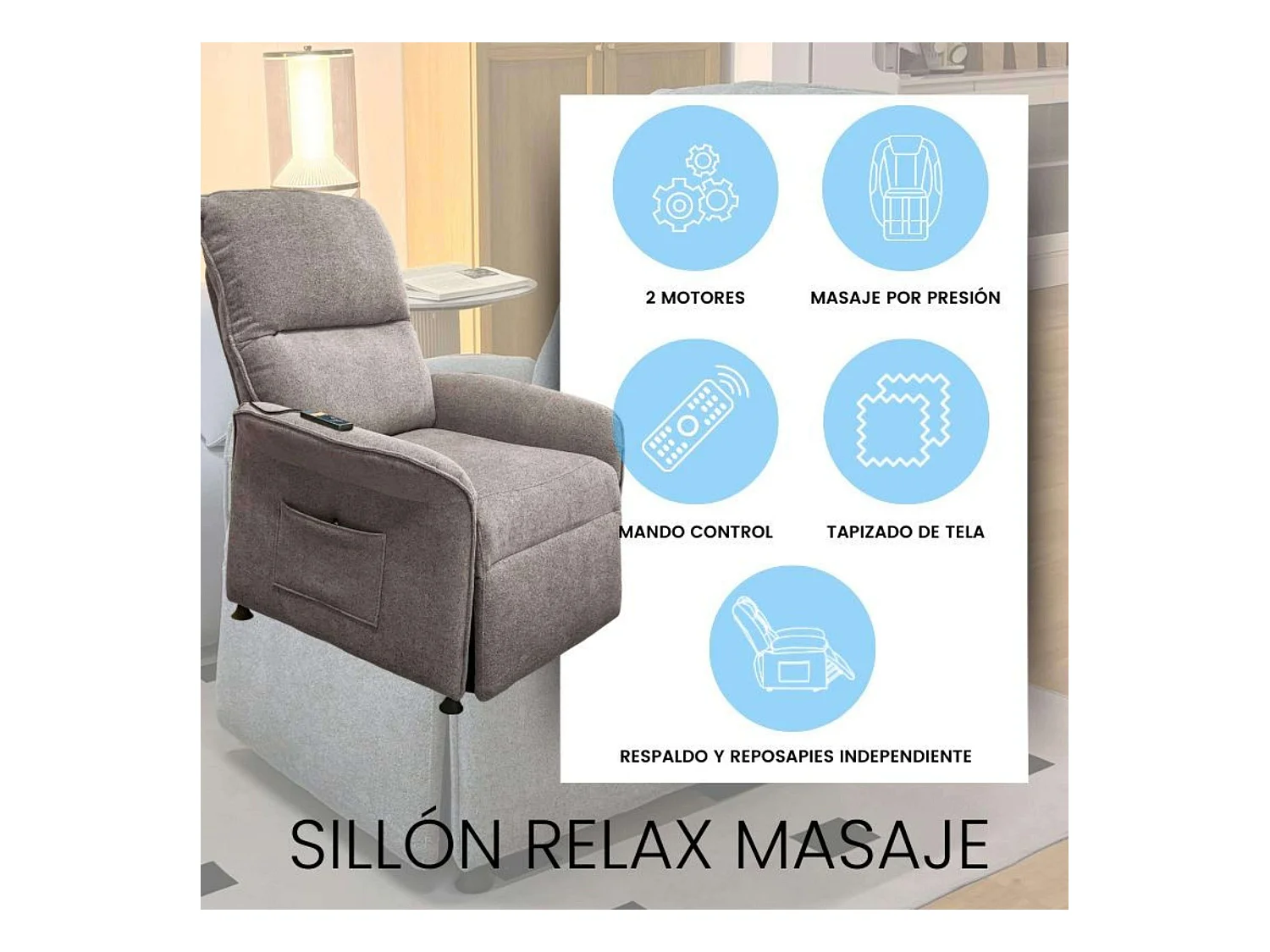 Sillón Reclinable Thai Contemporáneo Gris 2 Motores y Mando 82x102x84 cm