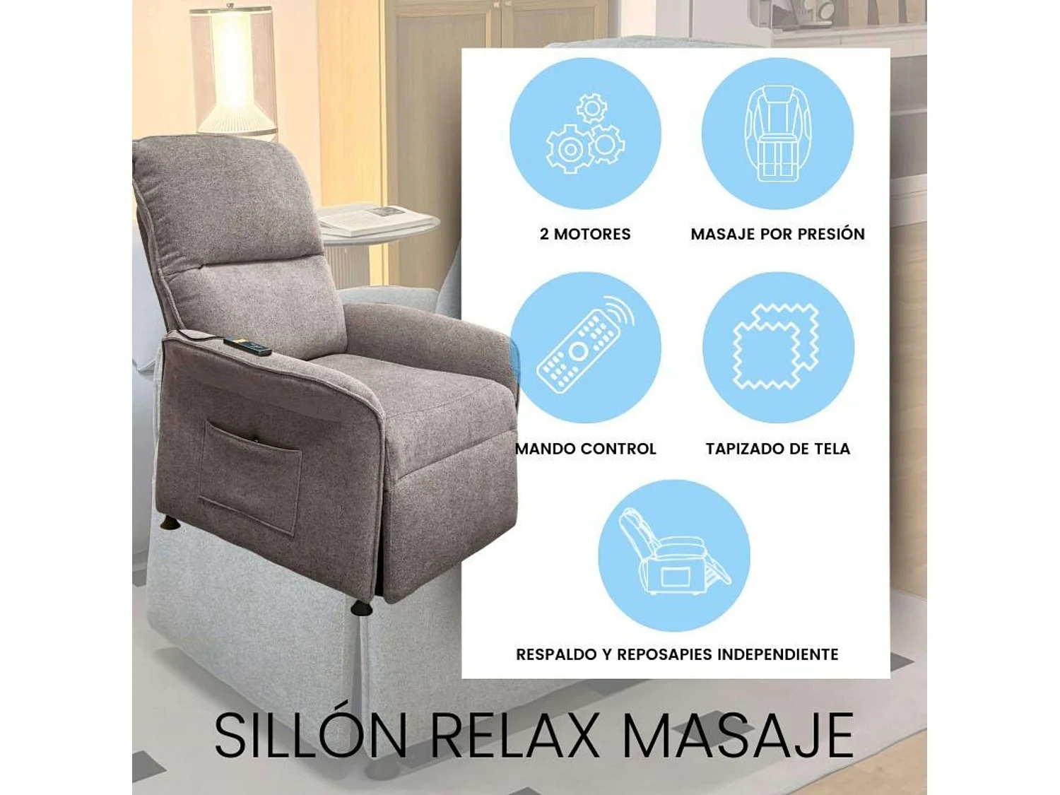 Sillón Reclinable Thai Contemporáneo Gris 2 Motores y Mando 82x102x84 cm