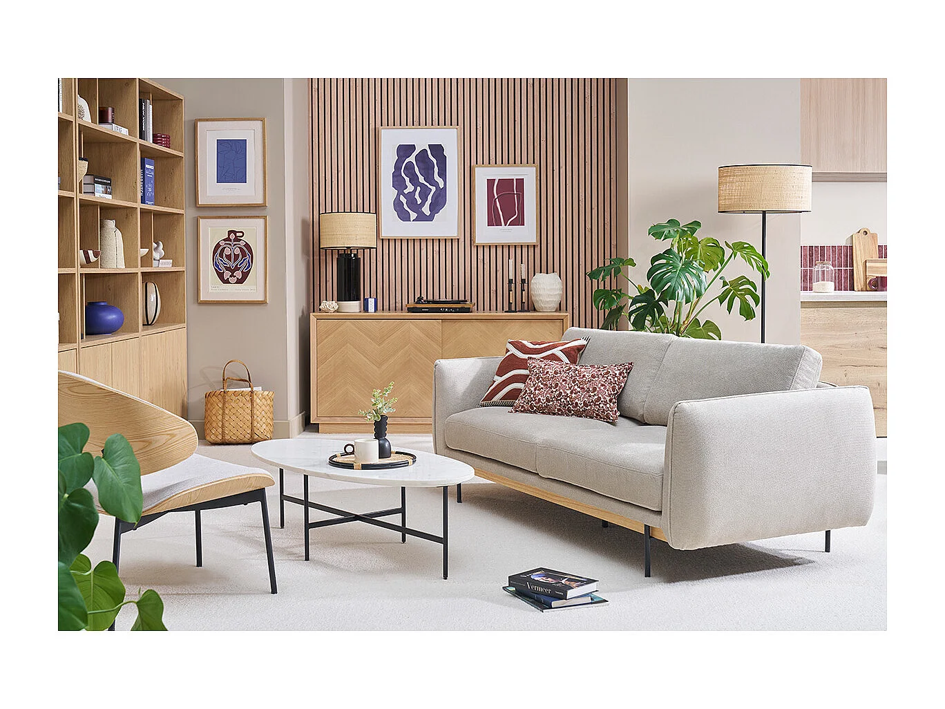 Canapé design 3 places en tissu chenille beige et métal noir TODD