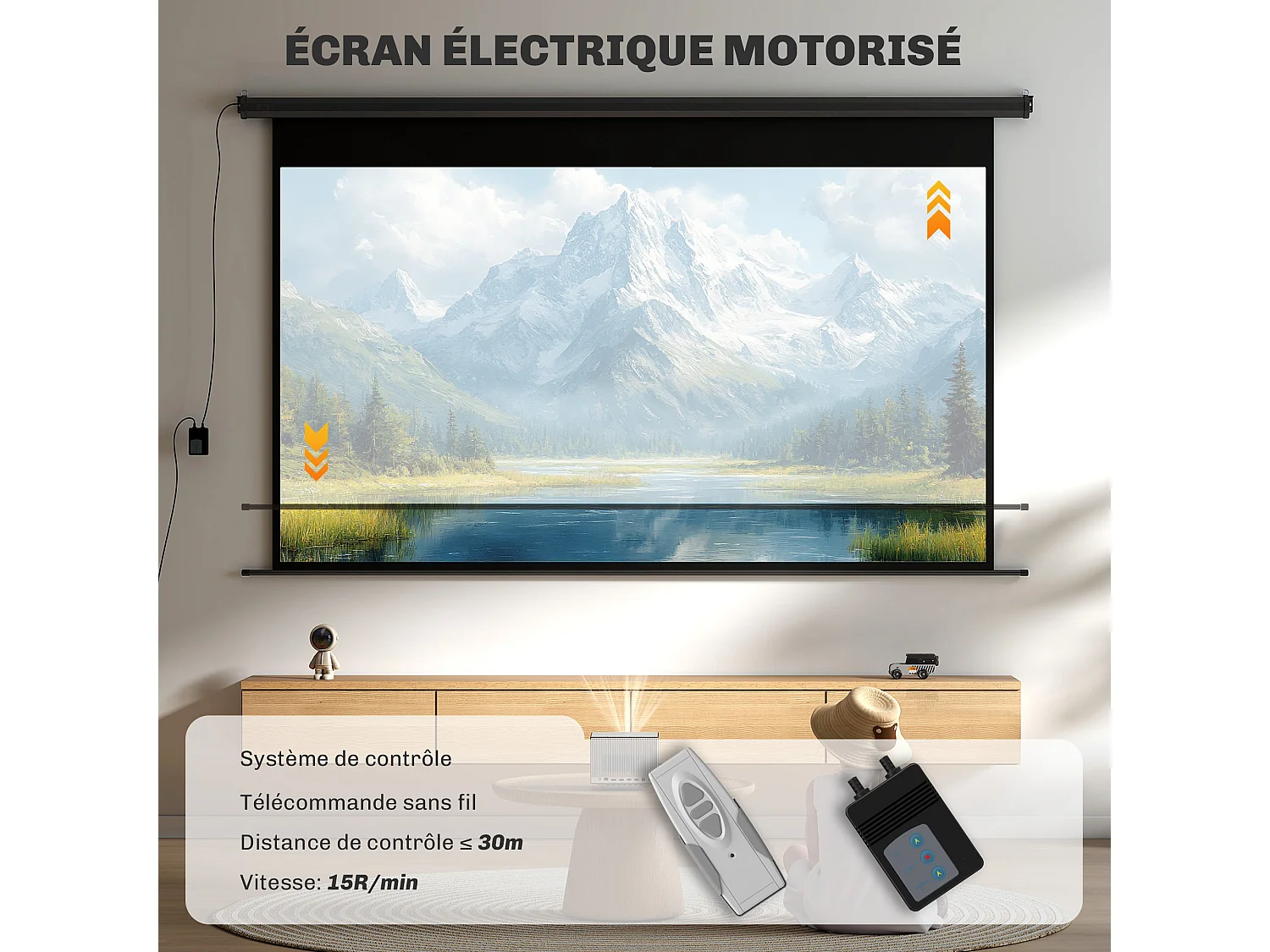 Écran de projection motorisé home-cinéma format 16:9 120 pouces 4K HD avec télécommande noir