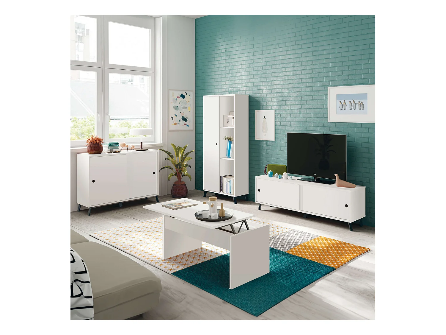 Mesa Centro Blanca Elevable Moderna Kamet 47-58x100x50 cm