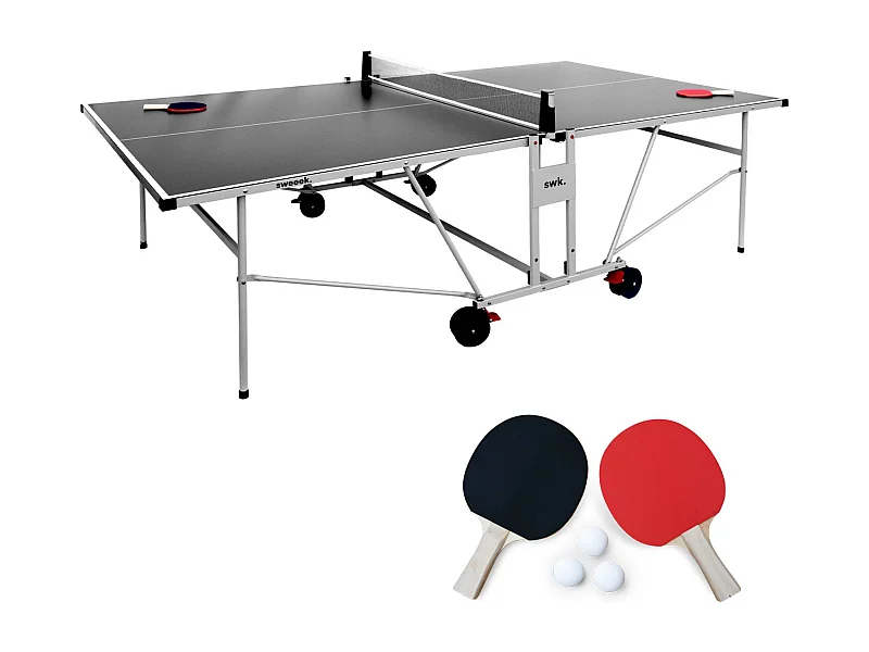Table de ping pong OUTDOOR grise - table pliable avec 2 raquettes et 3 balles. pour utilisation extérieure. sport tennis de table