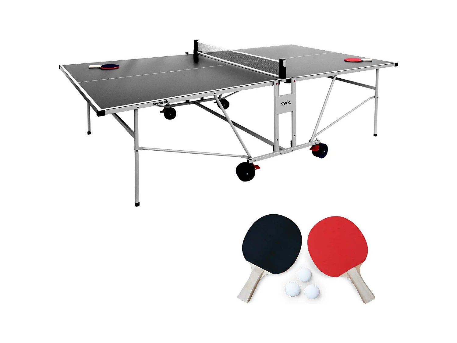Table de ping pong OUTDOOR grise - table pliable avec 2 raquettes et 3 balles. pour utilisation extérieure. sport tennis de table
