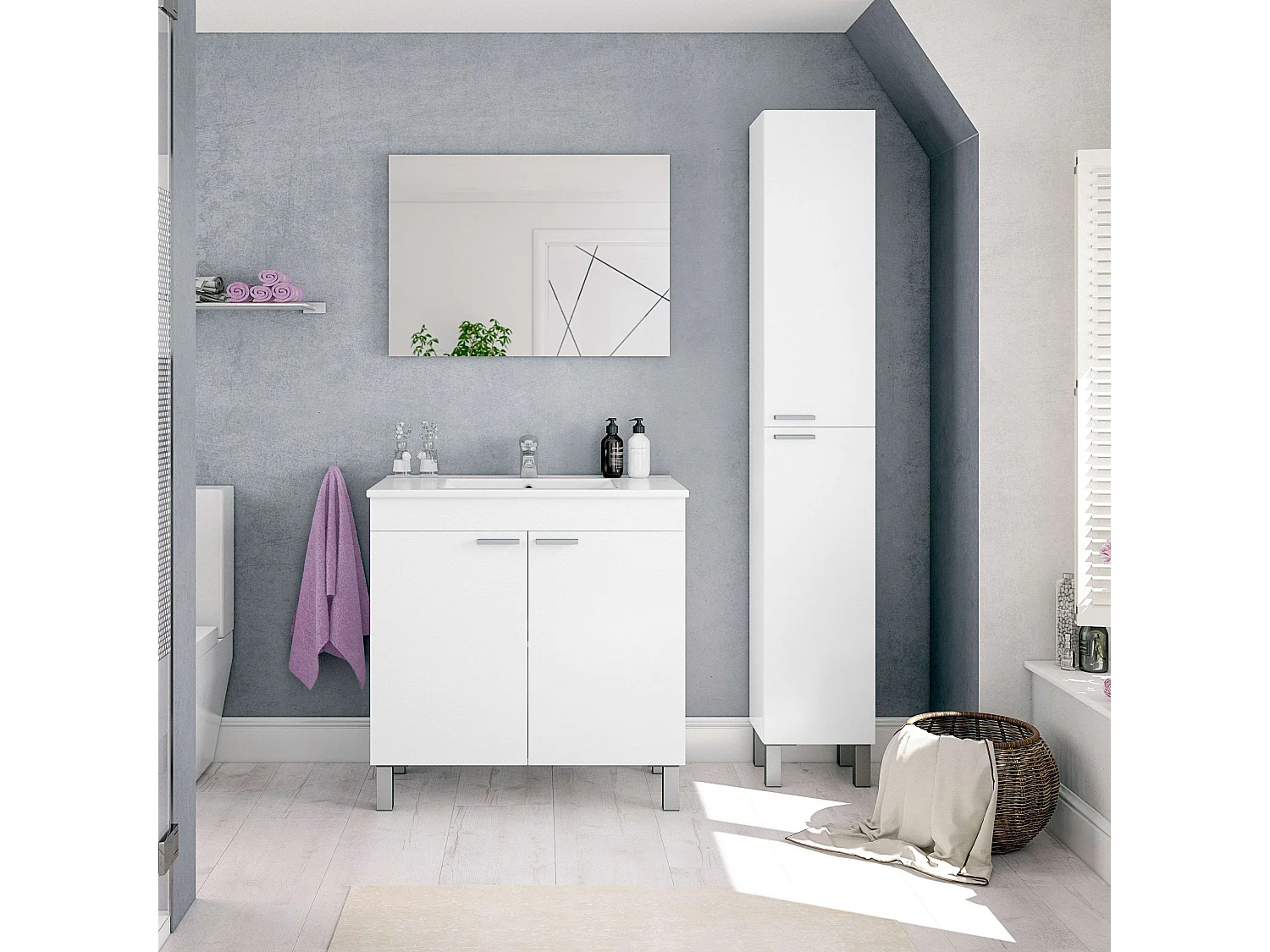 Mueble de Baño Manila Blanco, Espejo, 2 Puertas, Patas, 80x80x45 cm