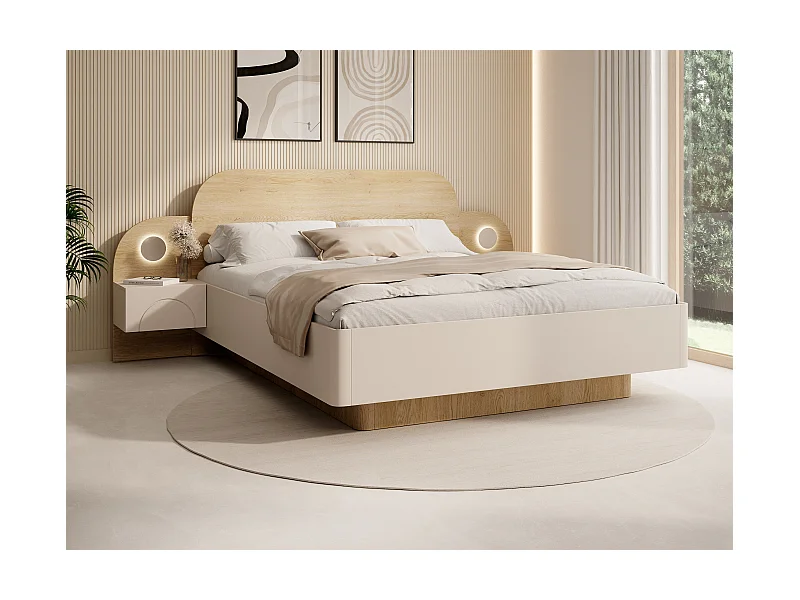 Bett 160 x 200 cm - Mit Nachttischen und LEDs - Beige und Naturholz + Lattenrost + Matratze - DARTAGNO